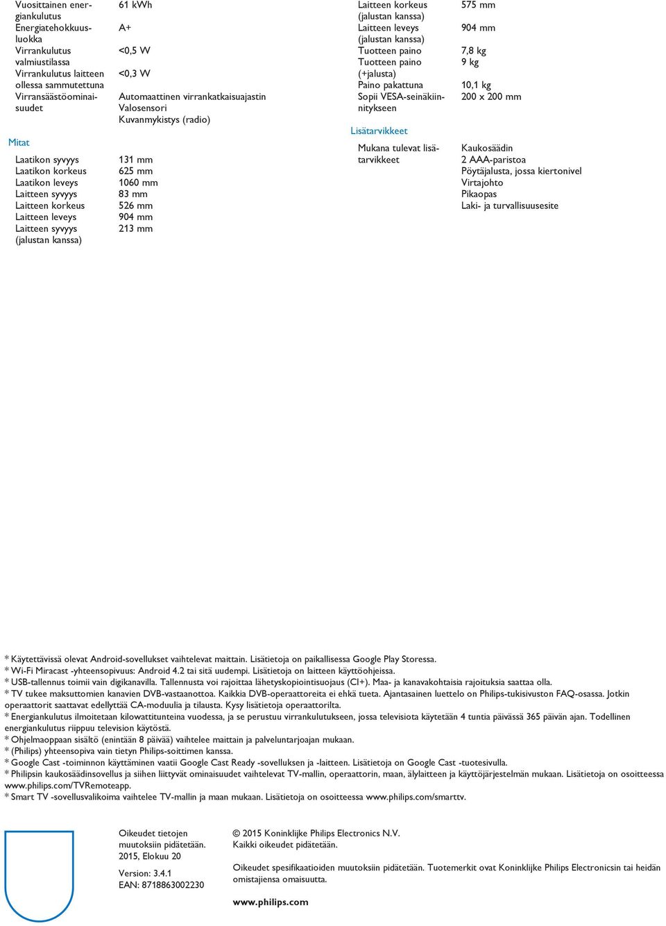 mm 904 mm 213 mm Laitteen korkeus Laitteen leveys Tuotteen paino Tuotteen paino (+jalusta) Paino pakattuna Sopii VESA-seinäkiinnitykseen Lisätarvikkeet Mukana tulevat lisätarvikkeet 575 mm 904 mm 7,8