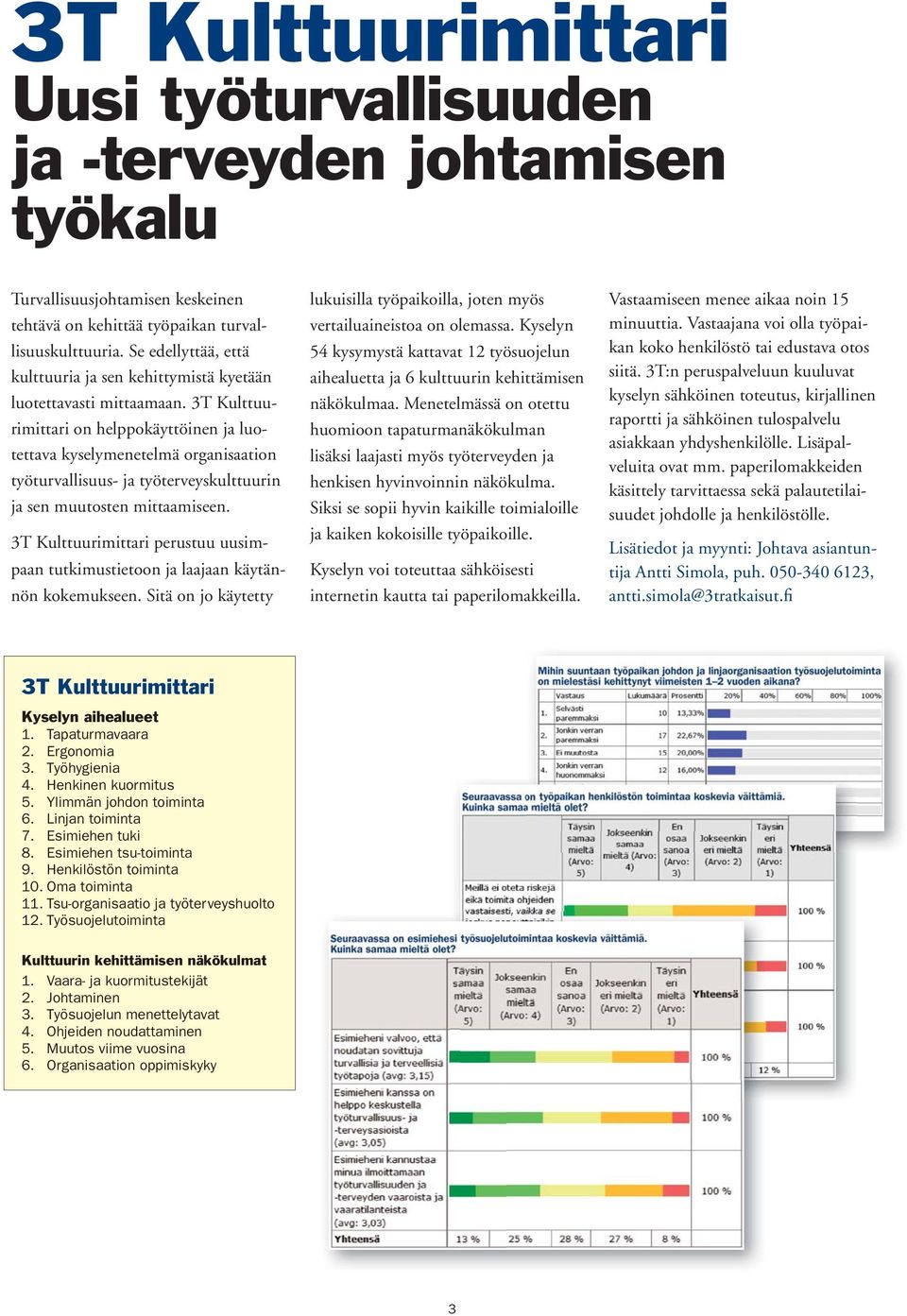 3T Kulttuurimittari on helppokäyttöinen ja luotettava kyselymenetelmä organisaation työturvallisuus- ja työterveyskulttuurin ja sen muutosten mittaamiseen.