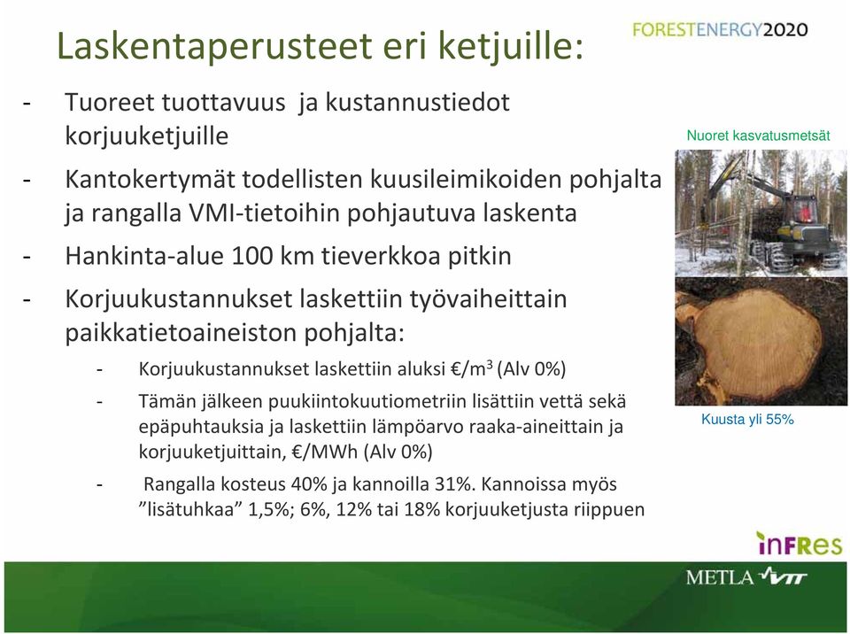 Korjuukustannukset laskettiin aluksi /m 3 (Alv 0%) Tämän jälkeen puukiintokuutiometriin lisättiin vettä sekä epäpuhtauksia ja laskettiin lämpöarvo raaka