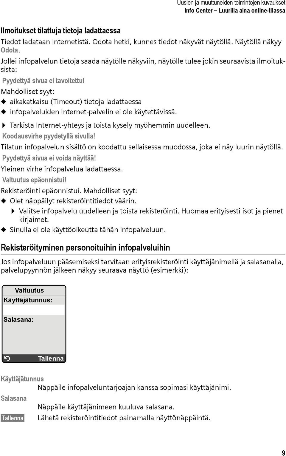 Mahdolliset syyt: u aikakatkaisu (Timeout) tietoja ladattaessa u infopalveluiden Internet-palvelin ei ole käytettävissä. Tarkista Internet-yhteys ja toista kysely myöhemmin uudelleen.