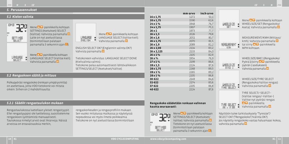 2 Rengaskoon säätö ja mittaus Polkupyöräsi rengaskoko (renkaan ympärysmitta) on asetettava, jotta VDO-tietokone voi mitata oikein. Siihen on 2 mahdollisuutta: 5.2.1 Säädöt rengastaulukon mukaan Rengastaulukossa luetellaan yleiset rengastyypit.