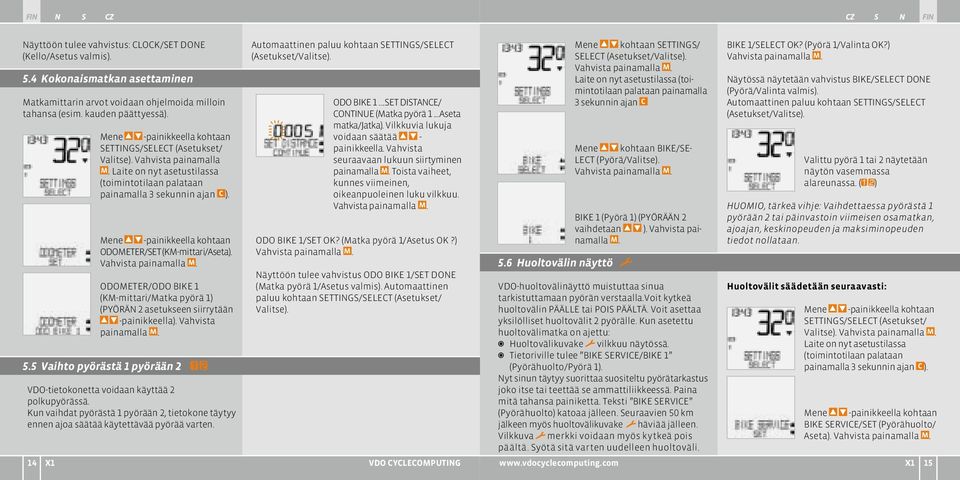 Mene -painikkeella kohtaan ODOMETER/SET (KM-mittari/Aseta). Vahvista painamalla M. ODOMETER/ODO BIKE 1 (KM-mittari/Matka pyörä 1) (PYÖRÄN 2 asetukseen siirrytään -painikkeella). Vahvista painamalla M. 5.