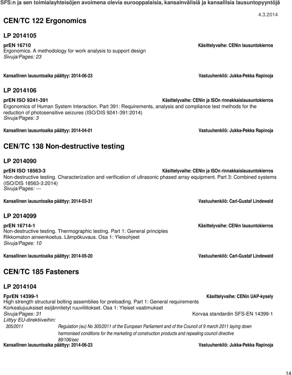 pren ISO 9241-391 Käsittelyvaihe: CENin ja ISOn rinnakkaislausuntokierros Ergonomics of Human System Interaction.