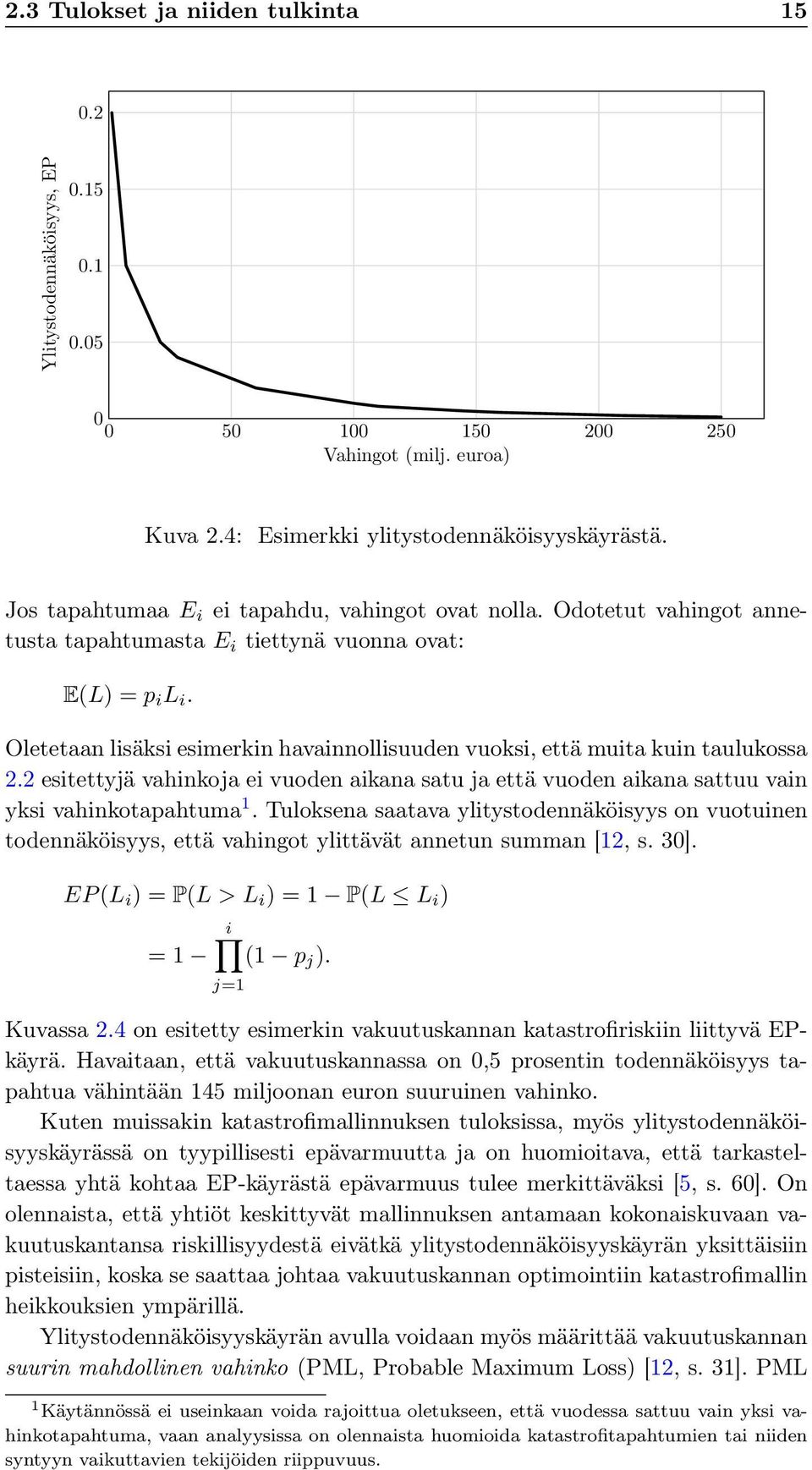 Oletetaan lisäksi esimerkin havainnollisuuden vuoksi, että muita kuin taulukossa 2.2 esitettyjä vahinkoja ei vuoden aikana satu ja että vuoden aikana sattuu vain yksi vahinkotapahtuma 1.