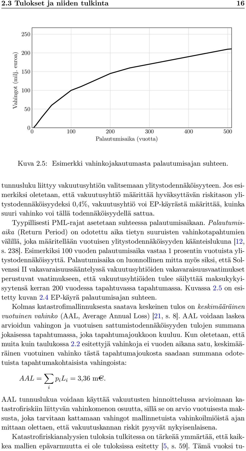 Jos esimerkiksi oletetaan, että vakuutusyhtiö määrittää hyväksyttävän riskitason ylitystodennäköisyydeksi 0,4%, vakuutusyhtiö voi EP-käyrästä määrittää, kuinka suuri vahinko voi tällä