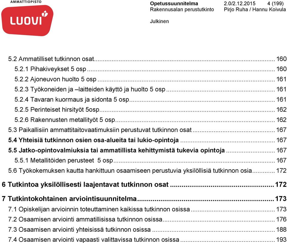 .. 167 5.4 Yhteisiä tutkinnon osien osa-alueita tai lukio-opintoja... 167 5.5 Jatko-opintovalmiuksia tai ammatillista kehittymistä tukevia opintoja... 167 5.5.1 Metallitöiden perusteet 5 osp... 167 5.6 Työkokemuksen kautta hankittuun osaamiseen perustuvia yksilöllisiä tutkinnon osia.