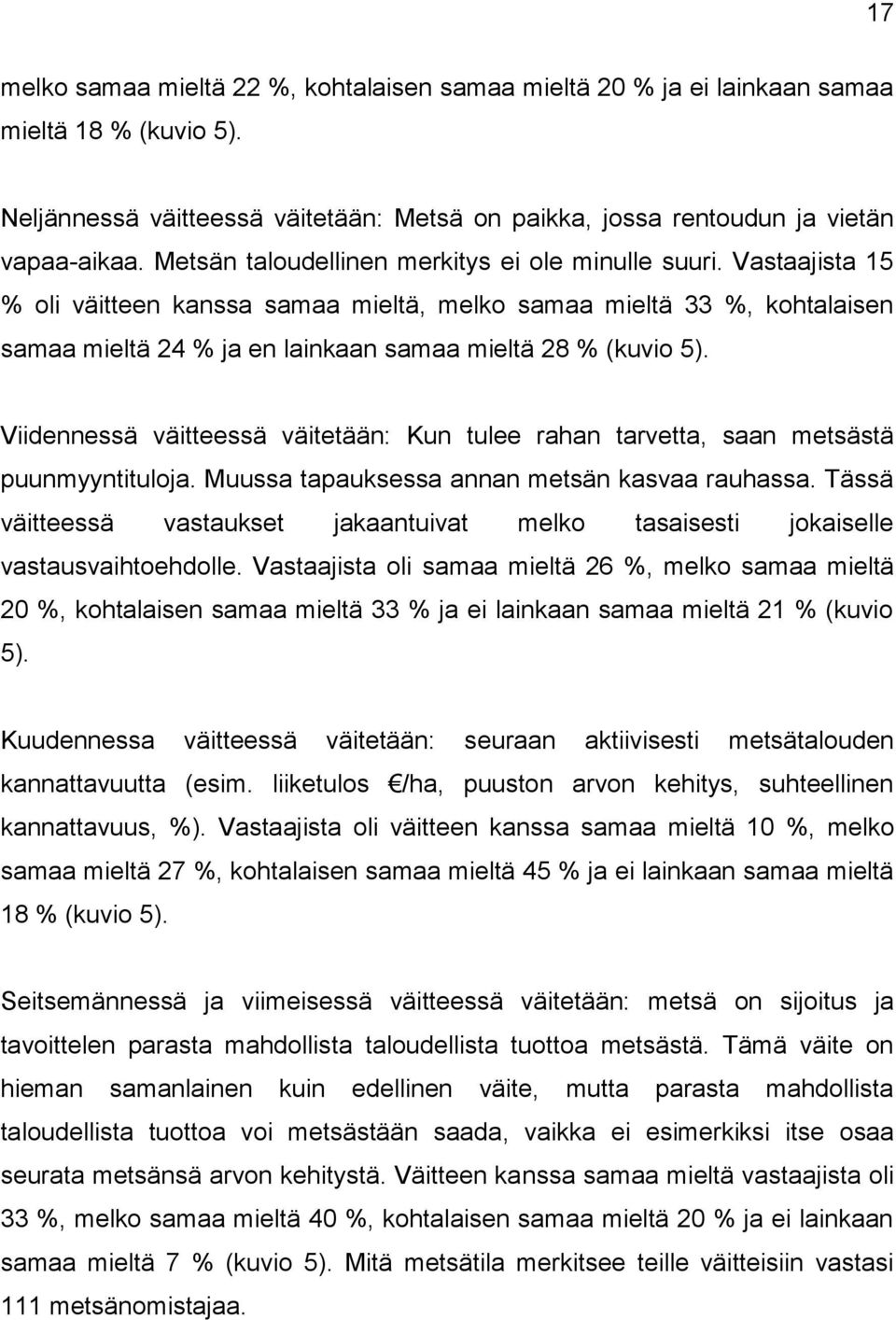 Vastaajista 15 % oli väitteen kanssa samaa mieltä, melko samaa mieltä 33 %, kohtalaisen samaa mieltä 24 % ja en lainkaan samaa mieltä 28 % (kuvio 5).
