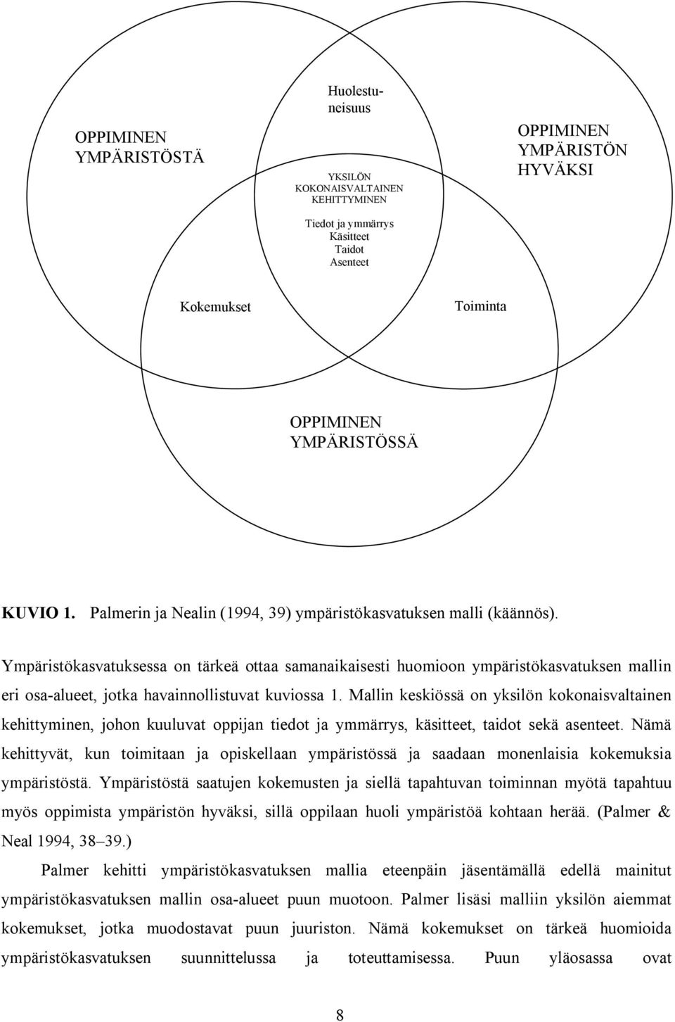 Ympäristökasvatuksessa on tärkeä ottaa samanaikaisesti huomioon ympäristökasvatuksen mallin eri osa alueet, jotka havainnollistuvat kuviossa 1.