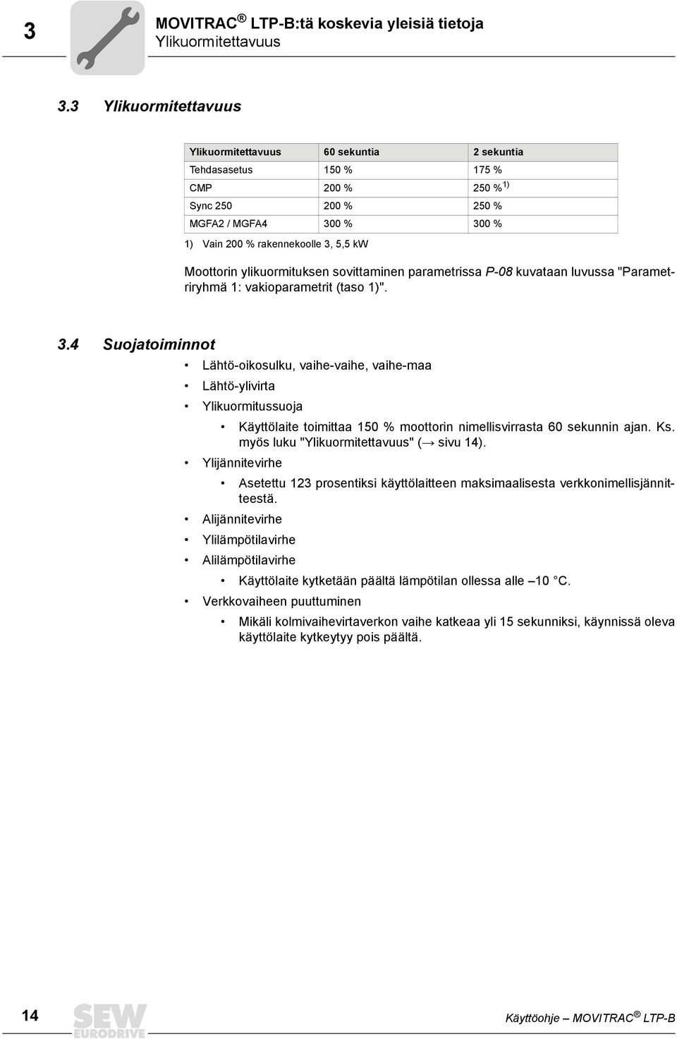 Moottorin ylikuormituksen sovittaminen parametrissa P-08 kuvataan luvussa "Parametriryhmä 1: vakioparametrit (taso 1)". 3.