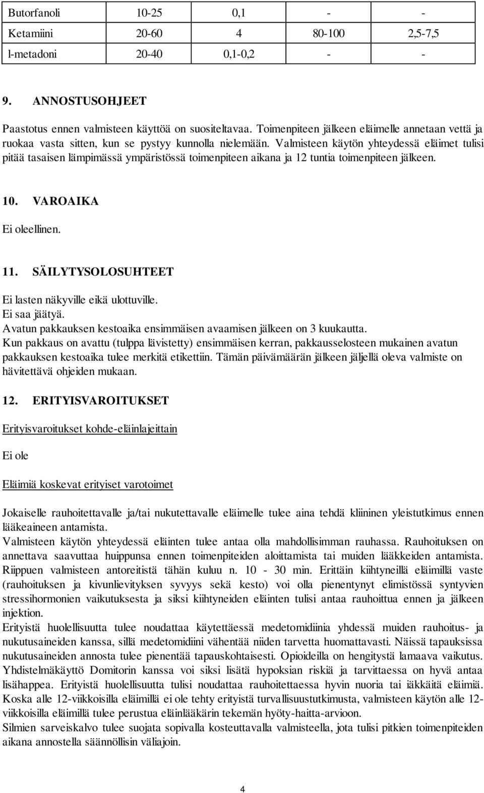 Valmisteen käytön yhteydessä eläimet tulisi pitää tasaisen lämpimässä ympäristössä toimenpiteen aikana ja 12 tuntia toimenpiteen jälkeen. 10. VAROAIKA Ei oleellinen. 11.