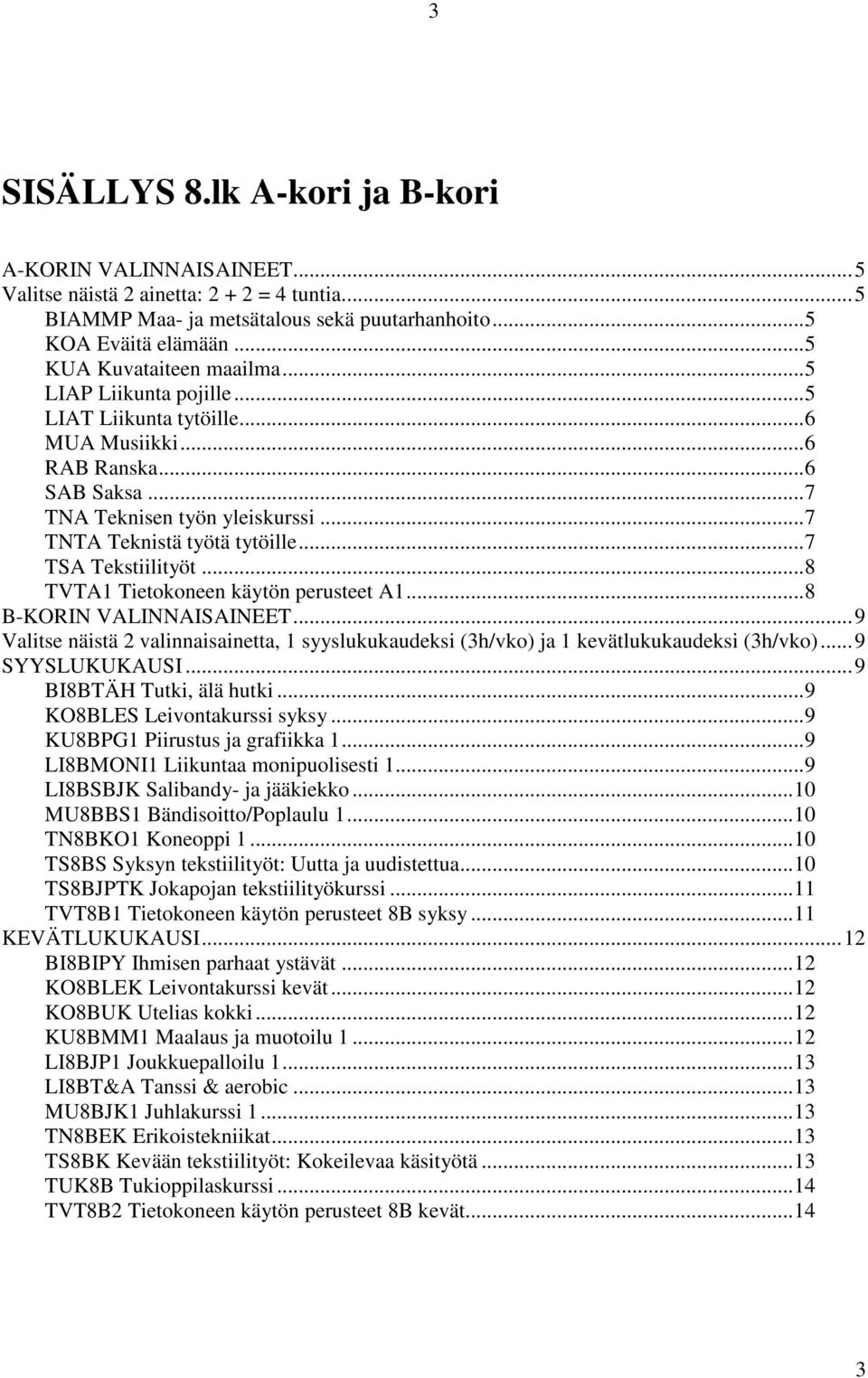 ..7 TSA Tekstiilityöt...8 TVTA1 Tietokoneen käytön perusteet A1...8 B-KORIN VALINNAISAINEET...9 Valitse näistä 2 valinnaisainetta, 1 syyslukukaudeksi (3h/vko) ja 1 kevätlukukaudeksi (3h/vko).