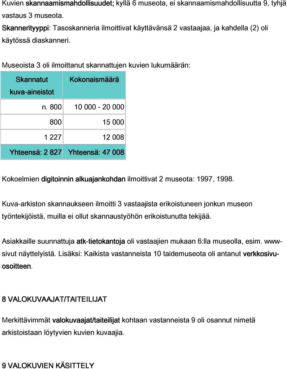 Museoista 3 oli ilmoittanut skannattujen kuvien lukumäärän: Skannatut kuva-aineistot aineistot Kokonaismäärä n.