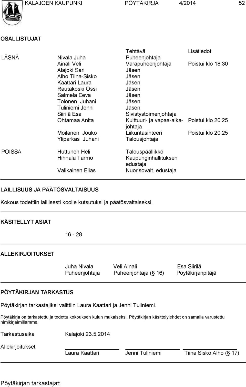 20:25 Moilanen Jouko Liikuntasihteeri Poistui klo 20:25 Yliparkas Juhani Talousjohtaja POISSA Huttunen Heli Talouspäällikkö Hihnala Tarmo Kaupunginhallituksen edustaja Valikainen Elias Nuorisovalt.