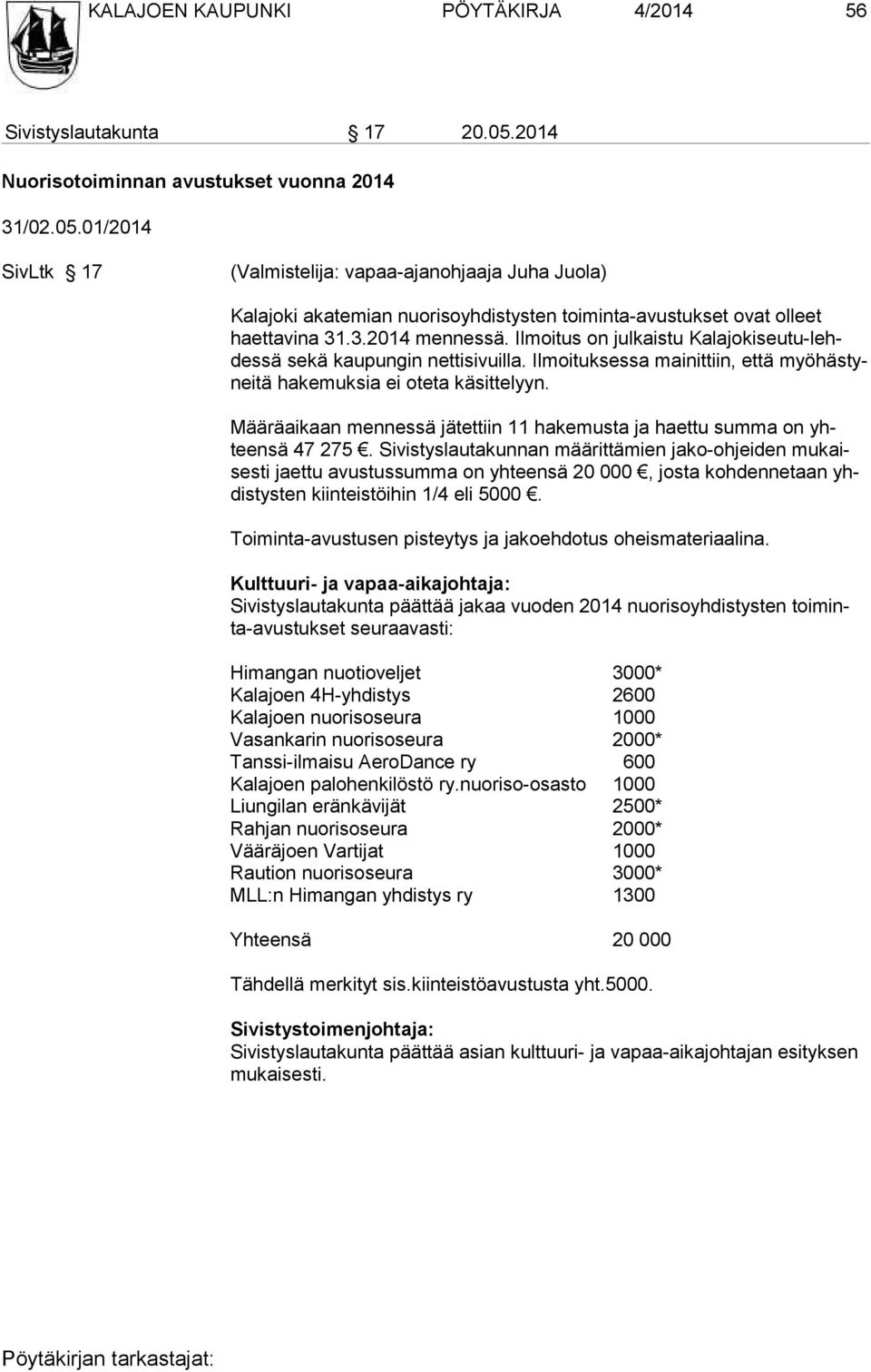 01/2014 SivLtk 17 (Valmistelija: vapaa-ajanohjaaja Juha Juola) Kalajoki akatemian nuorisoyhdistysten toiminta-avustukset ovat olleet haet tavina 31.3.2014 mennessä.