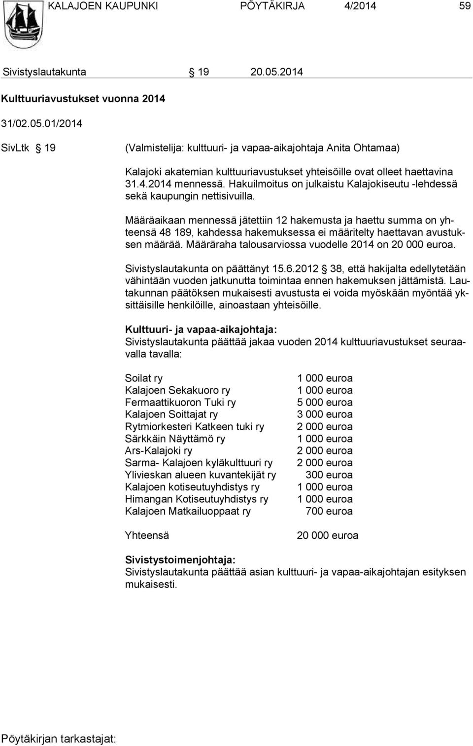 01/2014 SivLtk 19 (Valmistelija: kulttuuri- ja vapaa-aikajohtaja Anita Ohtamaa) Kalajoki akatemian kulttuuriavustukset yhteisöille ovat olleet haettavina 31.4.2014 mennessä.