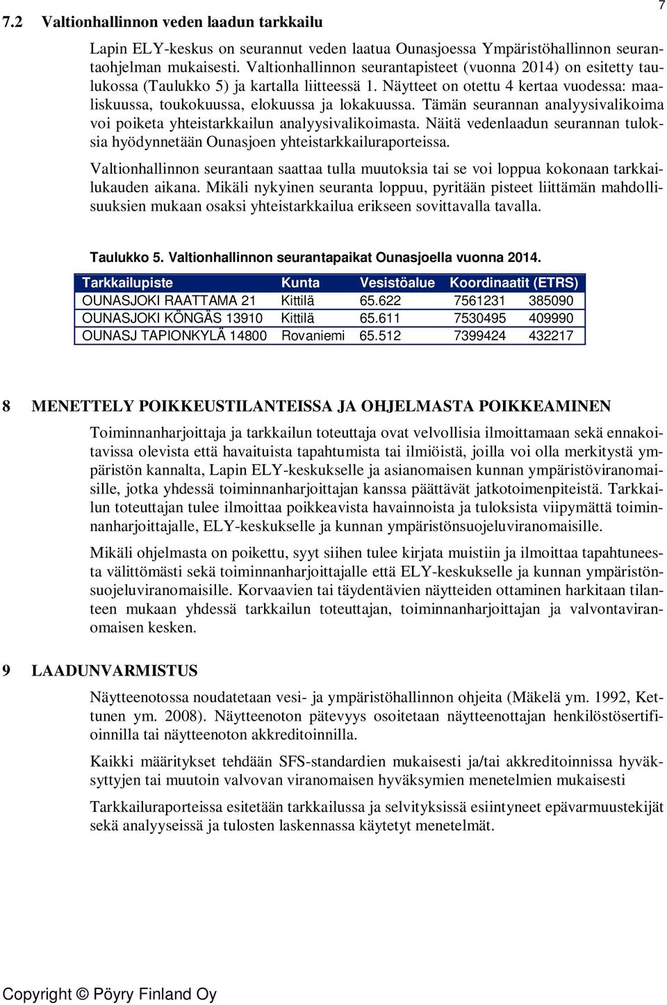 Tämän seurannan analyysivalikoima voi poiketa yhteistarkkailun analyysivalikoimasta. Näitä vedenlaadun seurannan tuloksia hyödynnetään Ounasjoen yhteistarkkailuraporteissa.