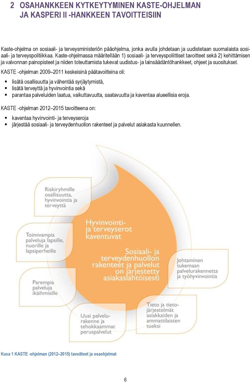 Kaste-ohjelmassa määritellään 1) sosiaali- ja terveyspoliittiset tavoitteet sekä 2) kehittämisen ja valvonnan painopisteet ja niiden toteuttamista tukevat uudistus- ja lainsäädäntöhankkeet, ohjeet ja