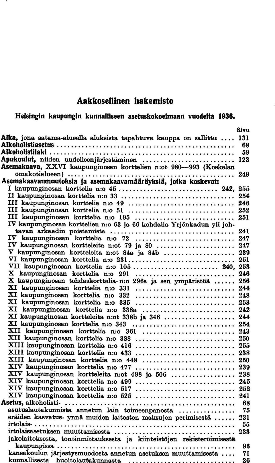 .. 123 Asemakaava, XXVI kaupunginosan korttelien n:ot 980-993 (Koskelan omakotialueen)... 249 Asemakaavanmuutoksia ja asemakaavamääräyksiä, jotka koskevat: I kaupunginosan korttelia n:o 45............................ 242.