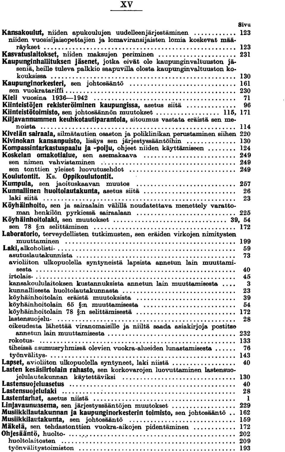 ........ 130 Kaupunginorkesteri, sen johtosääntö...... 161 sen vuokratariffi. "............................................ 230 Kieli vuosina 1936--1942.