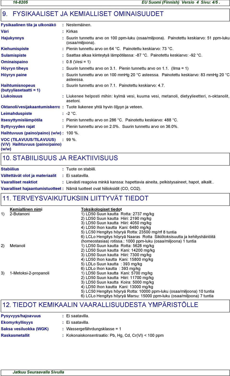 Nestemäinen. Kirkas Suurin tunnettu arvo on 100 ppm-luku. Painotettu keskiarvo 51 ppm-luku. Pienin tunnettu arvo on 64 C. Painotettu keskiarvo 73 C. Saattaa alkaa kiinteytyä lämpötilassa -87 C.