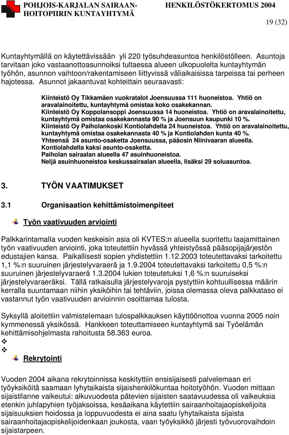 Asunnot jakaantuvat kohteittain seuraavasti: Kiinteistö Oy Tikkamäen vuokratalot Joensuussa 111 huoneistoa. Yhtiö on aravalainoitettu, kuntayhtymä omistaa koko osakekannan.