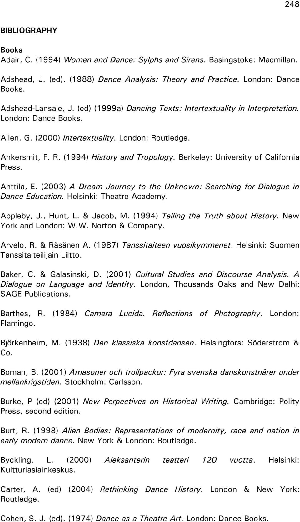 Berkeley: University of California Press. Anttila, E. (2003) A Dream Journey to the Unknown: Searching for Dialogue in Dance Education. Helsinki: Theatre Academy. Appleby, J., Hunt, L. & Jacob, M.