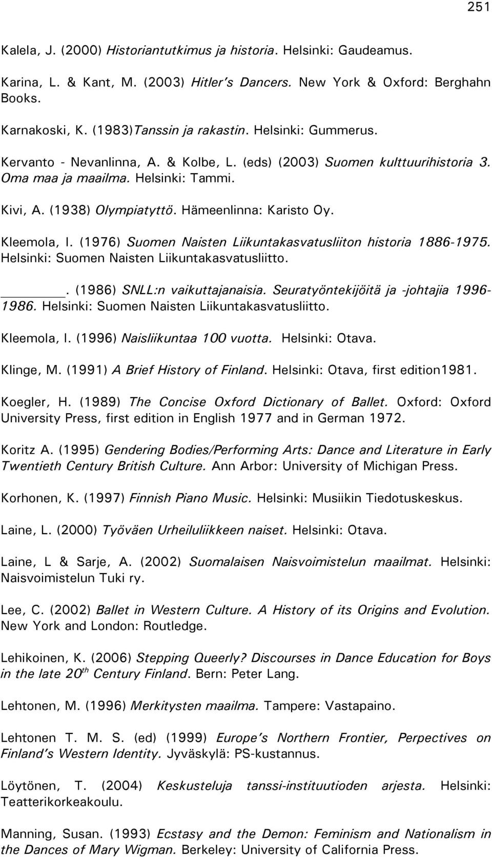 Kleemola, I. (1976) Suomen Naisten Liikuntakasvatusliiton historia 1886-1975. Helsinki: Suomen Naisten Liikuntakasvatusliitto.. (1986) SNLL:n vaikuttajanaisia.