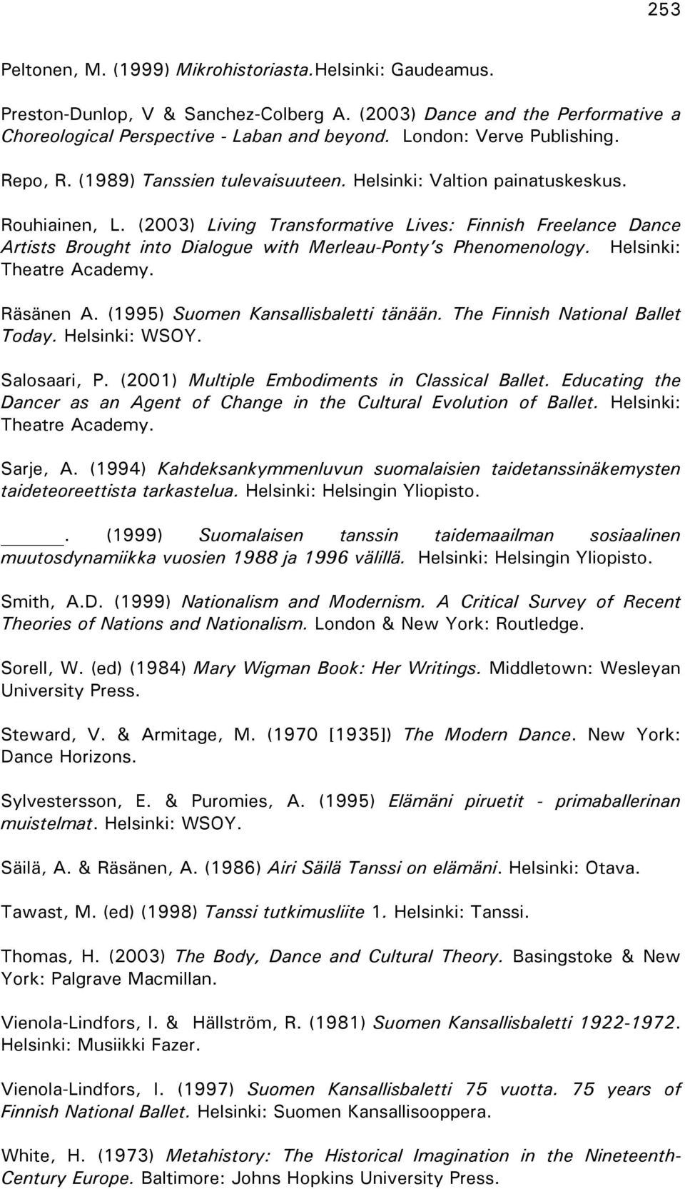(2003) Living Transformative Lives: Finnish Freelance Dance Artists Brought into Dialogue with Merleau-Ponty s Phenomenology. Helsinki: Theatre Academy. Räsänen A.