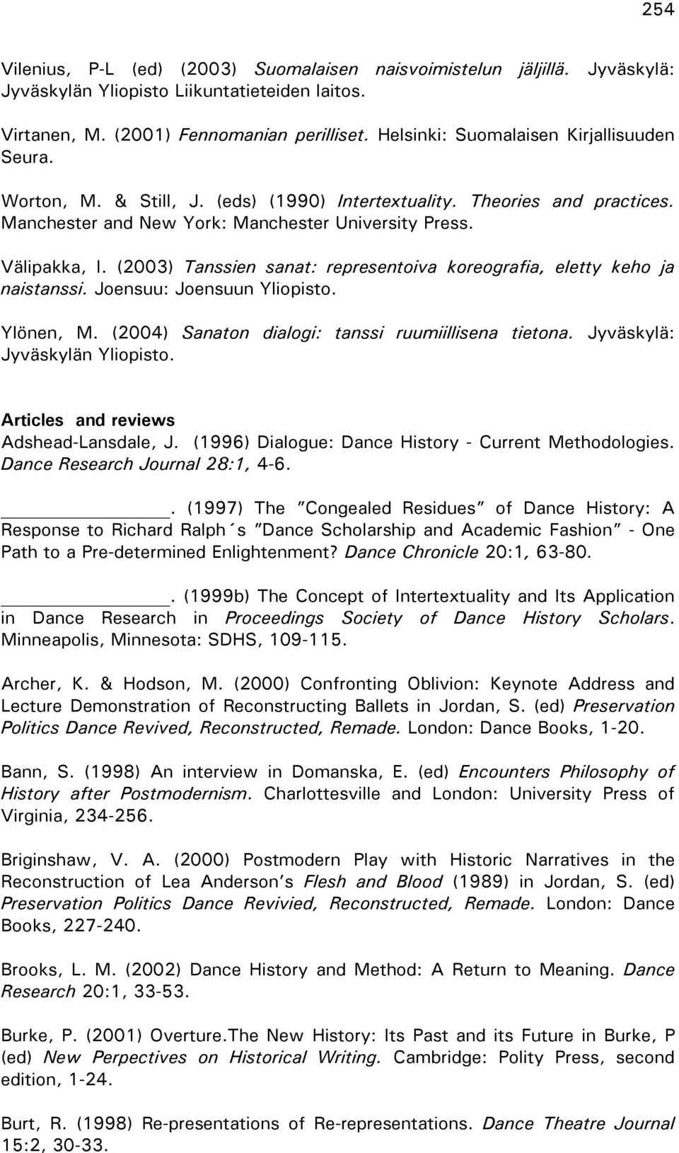 (2003) Tanssien sanat: representoiva koreografia, eletty keho ja naistanssi. Joensuu: Joensuun Yliopisto. Ylönen, M. (2004) Sanaton dialogi: tanssi ruumiillisena tietona.