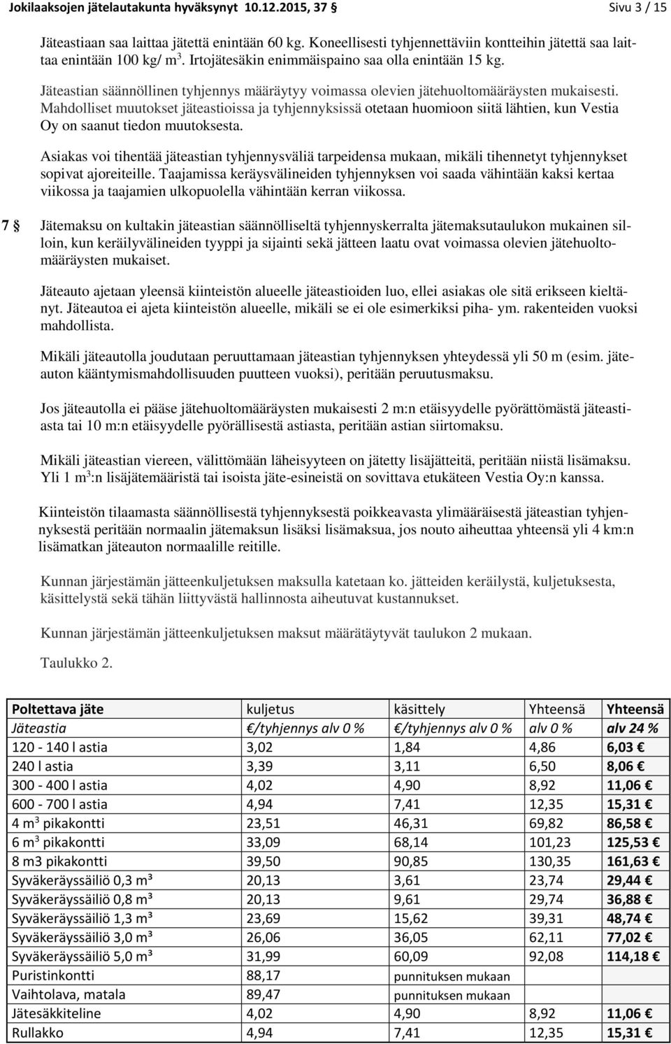 Mahdlliset muutkset jäteastiissa ja tyhjennyksissä tetaan humin siitä lähtien, kun Vestia Oy n saanut tiedn muutksesta.