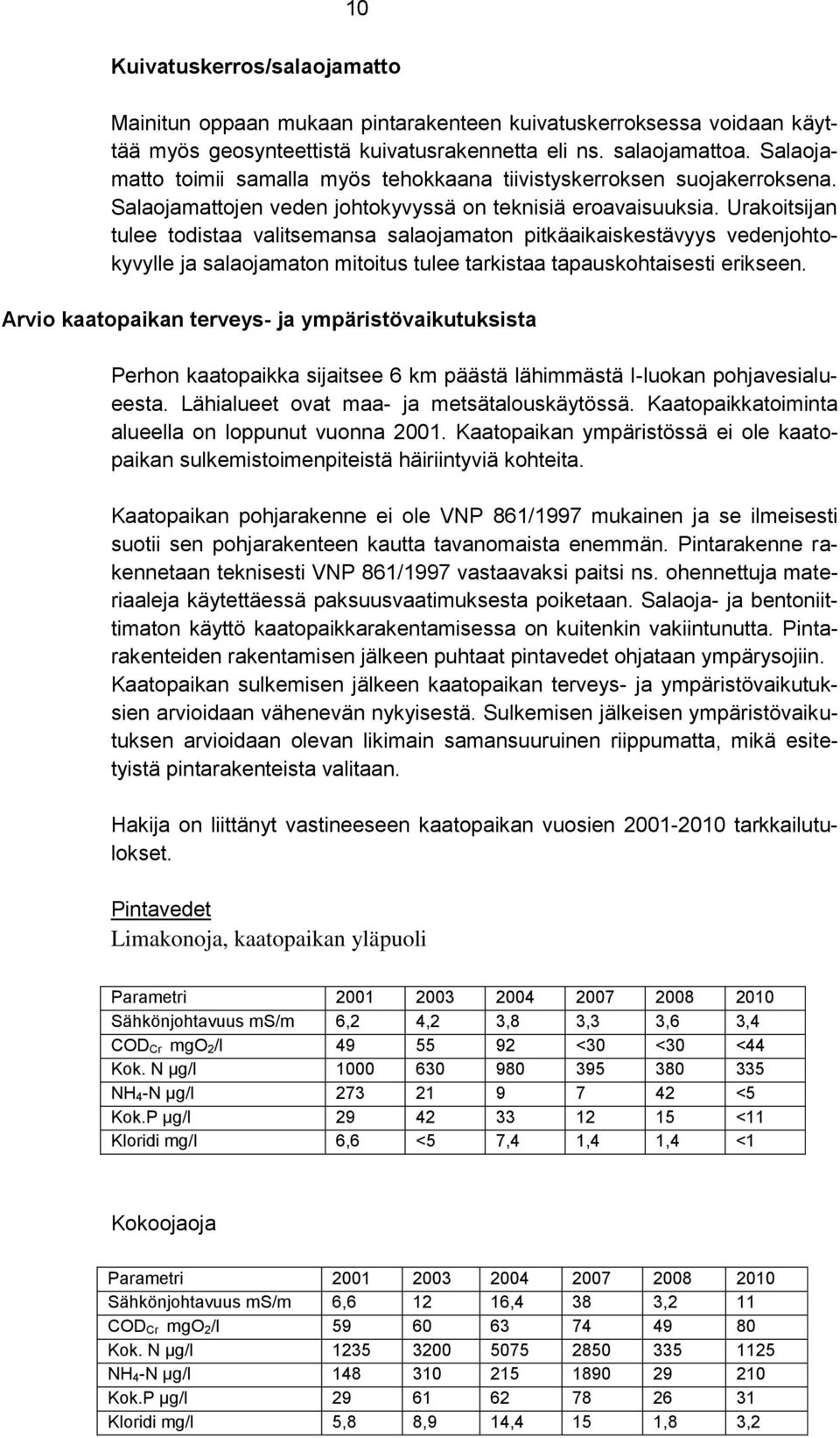 Urakoitsijan tulee todistaa valitsemansa salaojamaton pitkäaikaiskestävyys vedenjohtokyvylle ja salaojamaton mitoitus tulee tarkistaa tapauskohtaisesti erikseen.