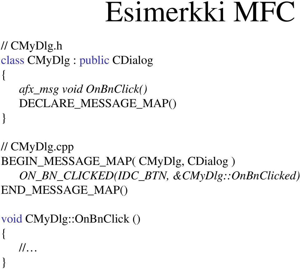 DECLARE_MESSAGE_MAP() Esimerkki MFC cpp BEGIN_MESSAGE_MAP(