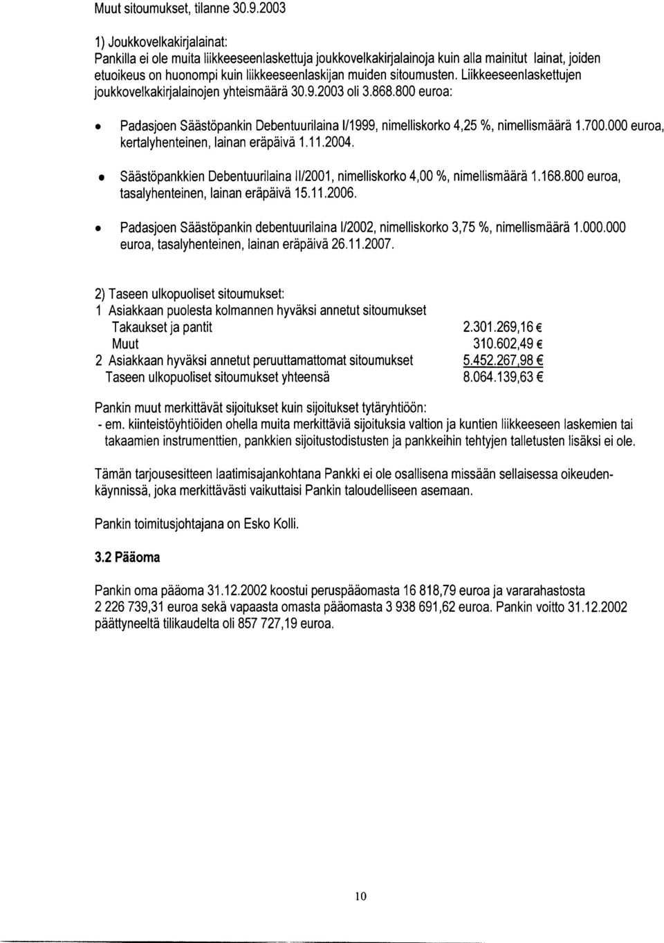 Liikkeeseenlaskettujen joukkovelkakirjalainojen yhteismäärä 30.9.2003 oli 3.868.800 euroa: 0 Padasjoen Säästöpankin Debentuurilaina 111 999, nimelliskorko 4,25 %, nimellismäärä 1.700.