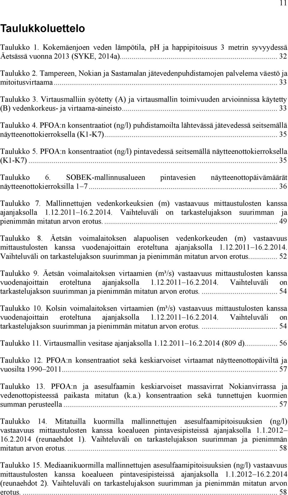 Virtausmalliin syötetty (A) ja virtausmallin toimivuuden arvioinnissa käytetty (B) vedenkorkeus- ja virtaama-aineisto... 33 Taulukko 4.