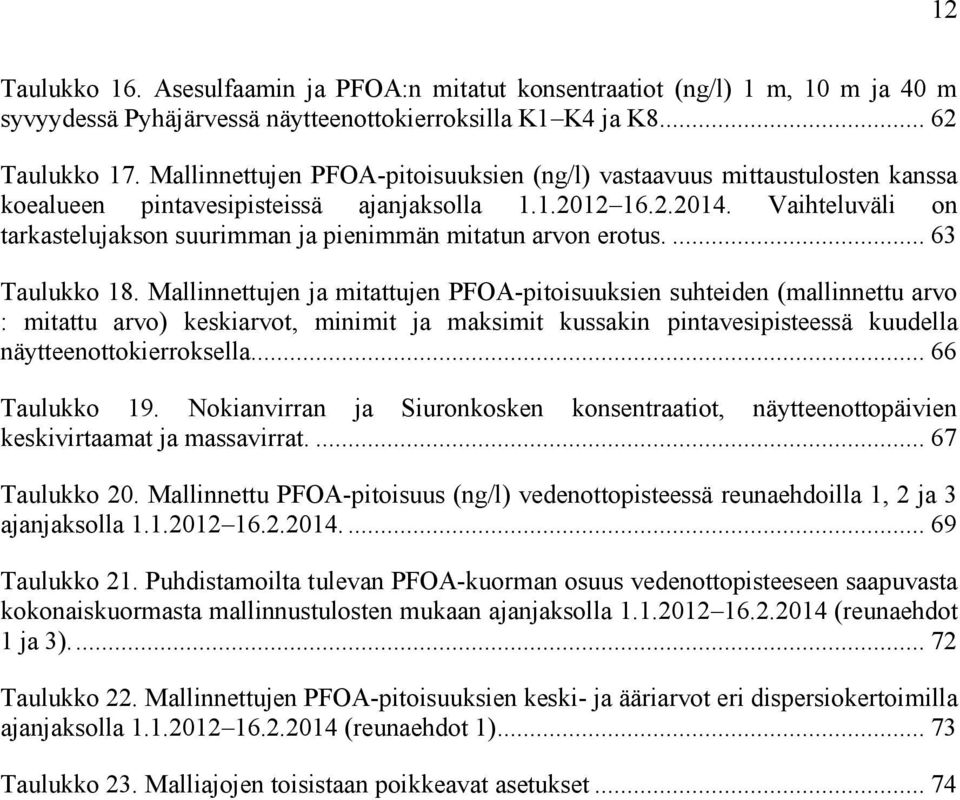 Vaihteluväli on tarkastelujakson suurimman ja pienimmän mitatun arvon erotus.... 63 Taulukko 18.