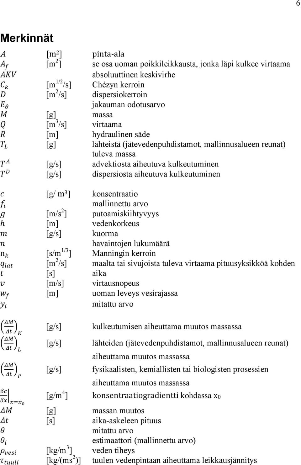 dispersiosta aiheutuva kulkeutuminen c [g/ m 3 ] konsentraatio f i mallinnettu arvo g [m/s 2 ] putoamiskiihtyvyys h [m] vedenkorkeus m [g/s] kuorma n havaintojen lukumäärä n k [s/m 1/3 ] Manningin