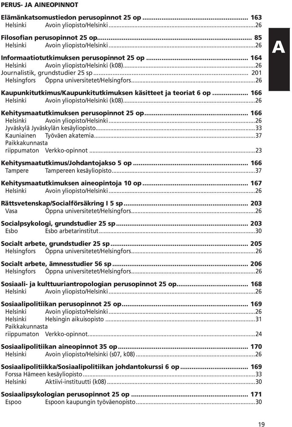 ..26 Kaupunkitutkimus/Kaupunkitutkimuksen käsitteet ja teoriat 6 op... 166 Helsinki Avoin yliopisto/helsinki (k08)...26 Kehitysmaatutkimuksen perusopinnot 25 op... 166 Helsinki Avoin yliopisto/helsinki...26 Jyväskylä Jyväskylän kesäyliopisto.