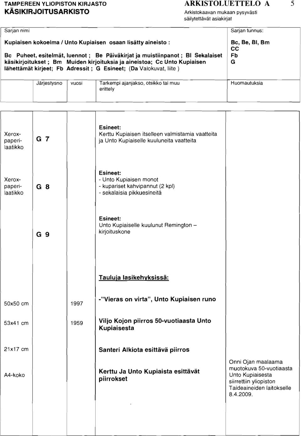 valmistamia vaatteita ja Unto Kupiaiselle kuuluneita vaatteita Xeroxpaperilaatikko - Unto Kupiaisen monot - kupariset kahvipannut (2 kpl) - sekalaisia pikkuesineita Unto Kupiaiselle kuulunut