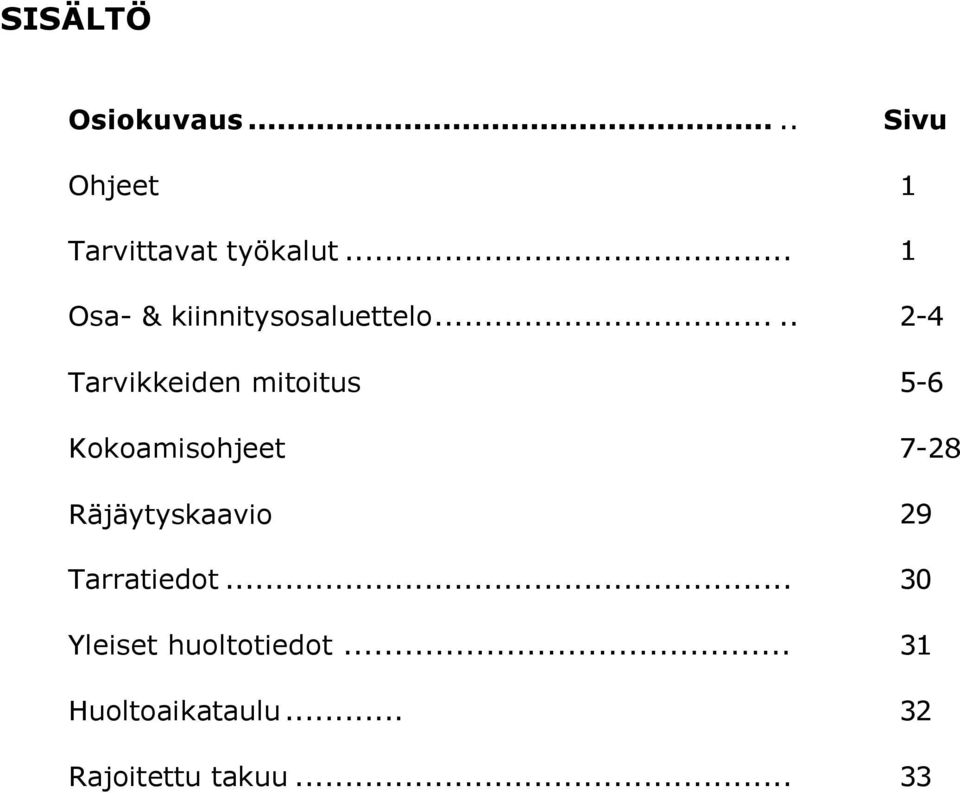 .... 2-4 Tarvikkeiden mitoitus 5-6 Kokoamisohjeet 7-28