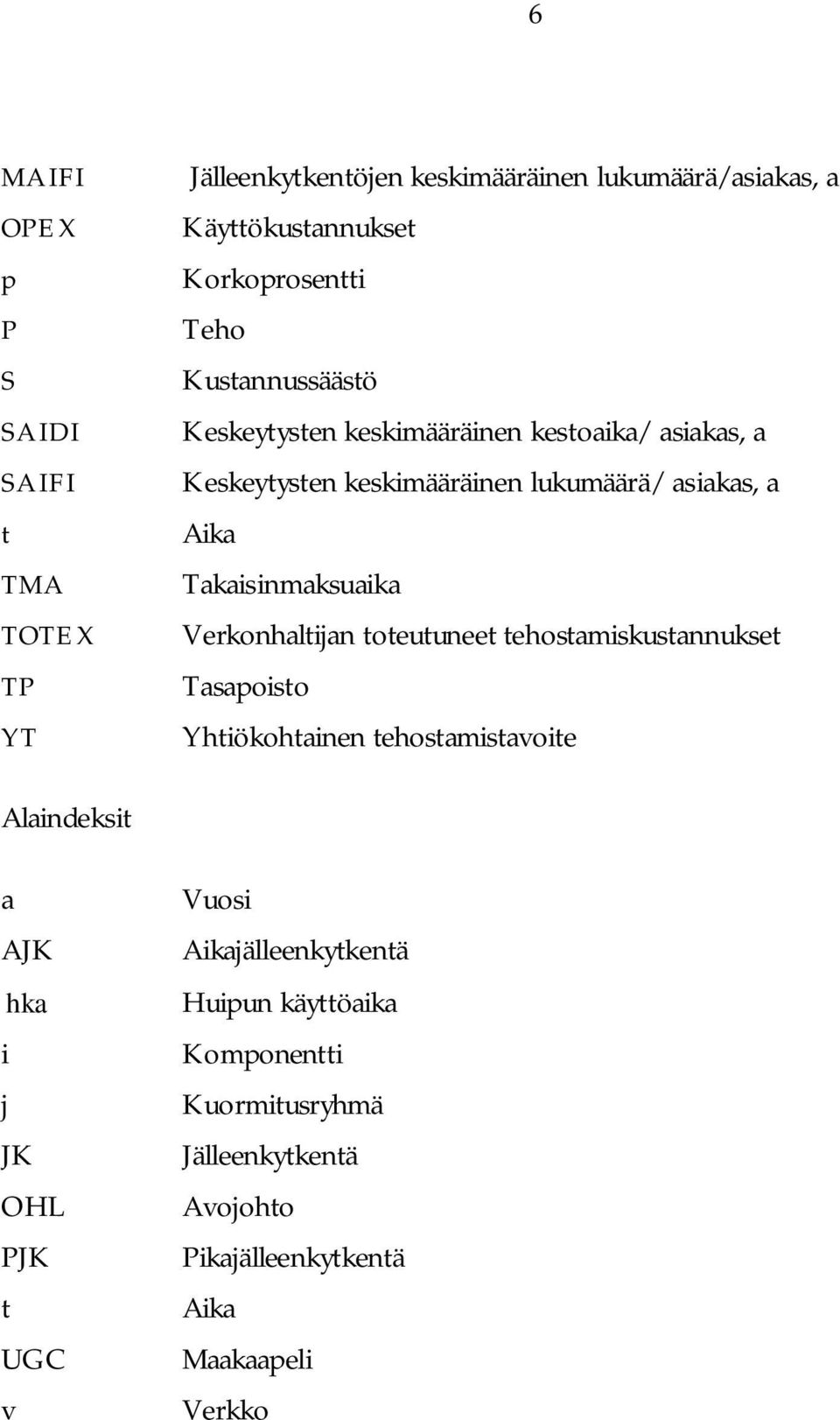 TOTEX Verkonhaltijan toteutuneet tehostamiskustannukset TP Tasapoisto YT Yhtiökohtainen tehostamistavoite Alaindeksit a AJK hka i j JK OHL