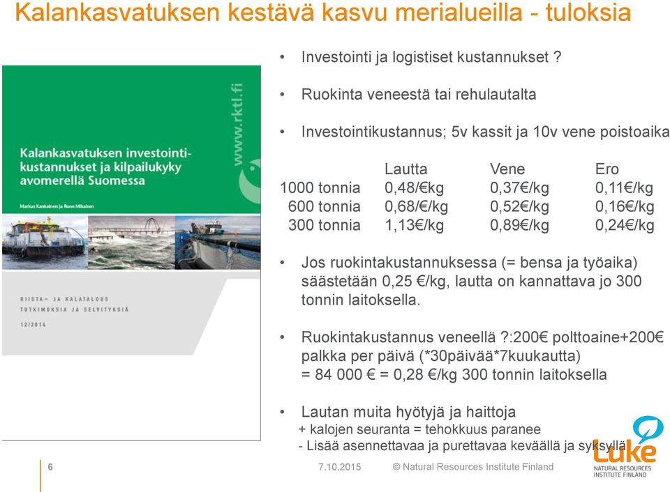 0,16 /kg 300 tonnia 1,13 /kg 0,89 /kg 0,24 /kg Jos ruokintakustannuksessa (= bensa ja työaika) säästetään 0,25 /kg, lautta on kannattava jo 300 tonnin laitoksella.