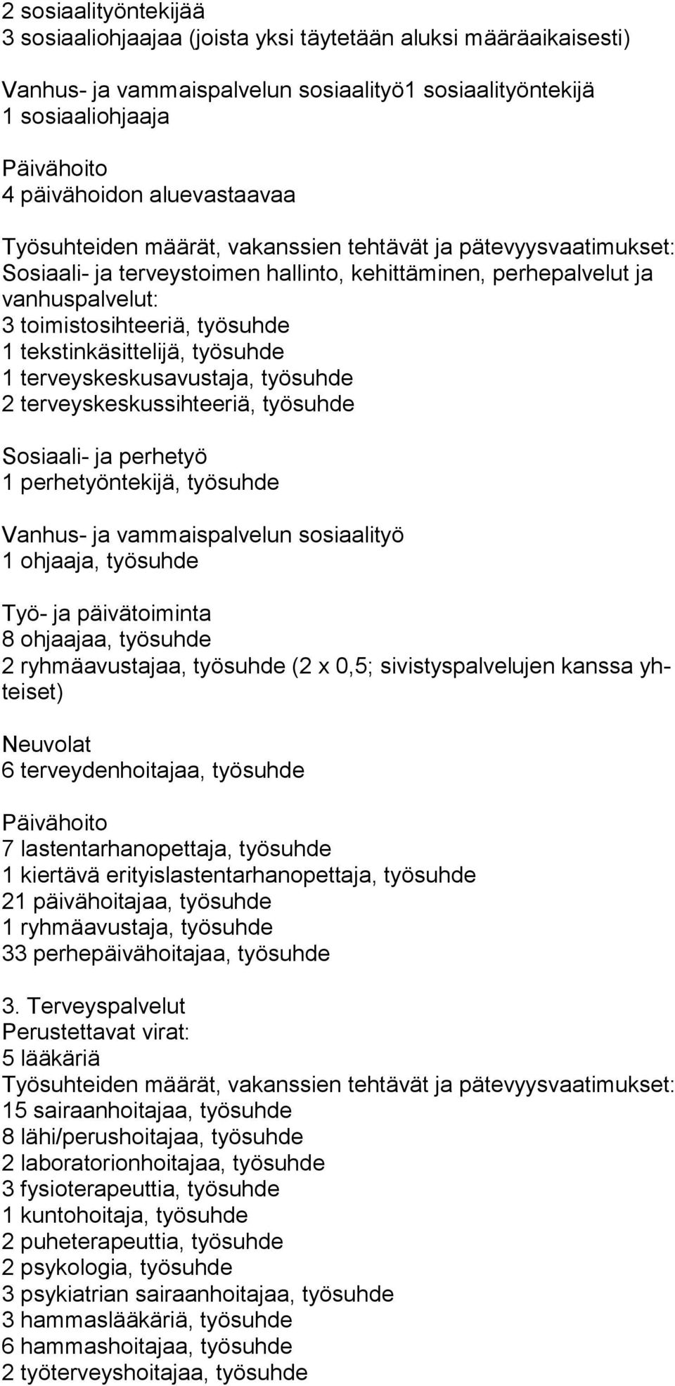 terveyskeskussihteeriä, työsuhde Sosiaali- ja perhetyö 1 perhetyöntekijä, työsuhde Vanhus- ja vammaispalvelun sosiaalityö 1 ohjaaja, työsuhde Työ- ja päivätoiminta 8 ohjaajaa, työsuhde 2