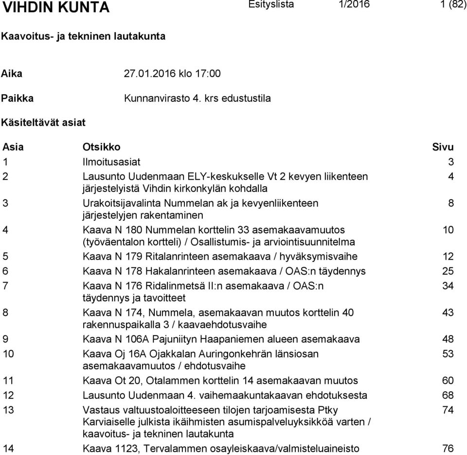 Nummelan ak ja kevyenliikenteen 8 järjestelyjen rakentaminen 4 Kaava N 180 Nummelan korttelin 33 asemakaavamuutos 10 (työväentalon kortteli) / Osallistumis- ja arviointisuunnitelma 5 Kaava N 179