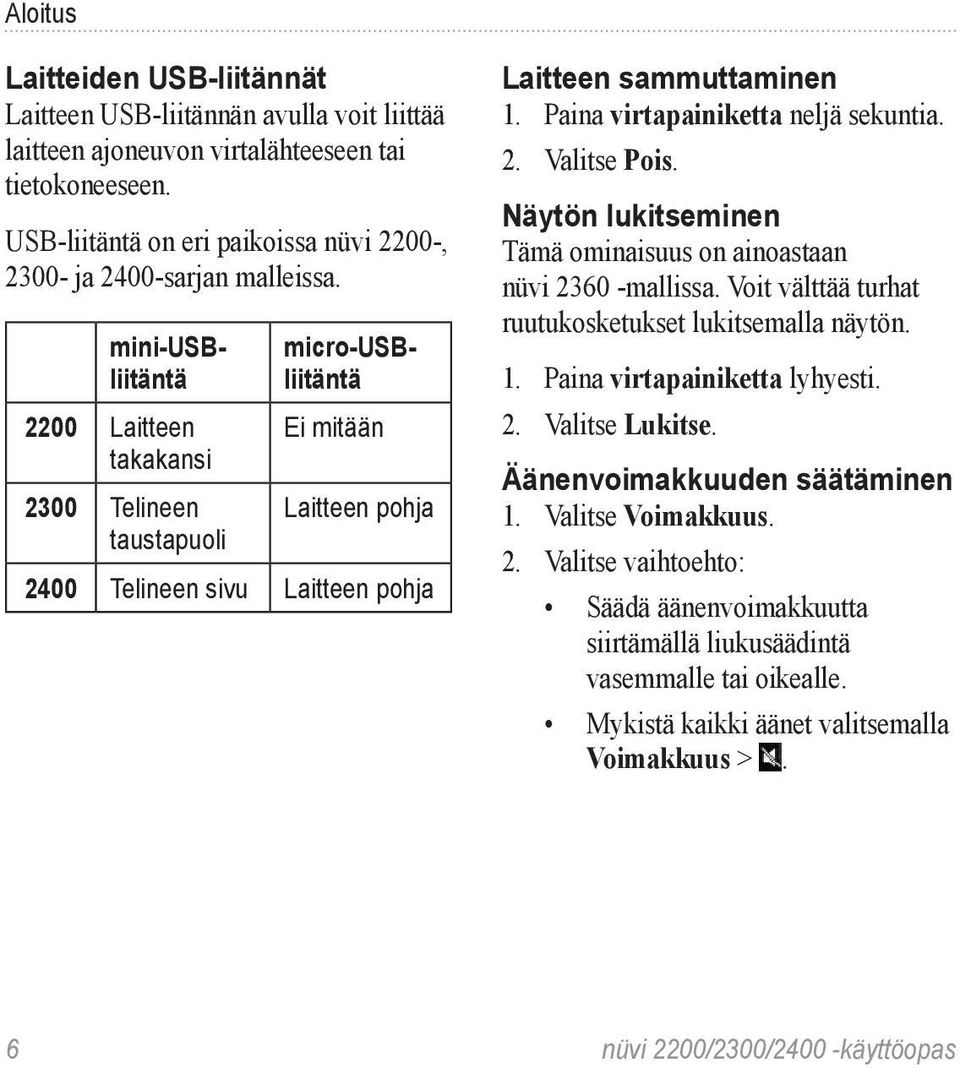 mini-usbliitäntä 2200 Laitteen takakansi 2300 Telineen taustapuoli micro-usbliitäntä Ei mitään Laitteen pohja 2400 Telineen sivu Laitteen pohja Laitteen sammuttaminen 1.