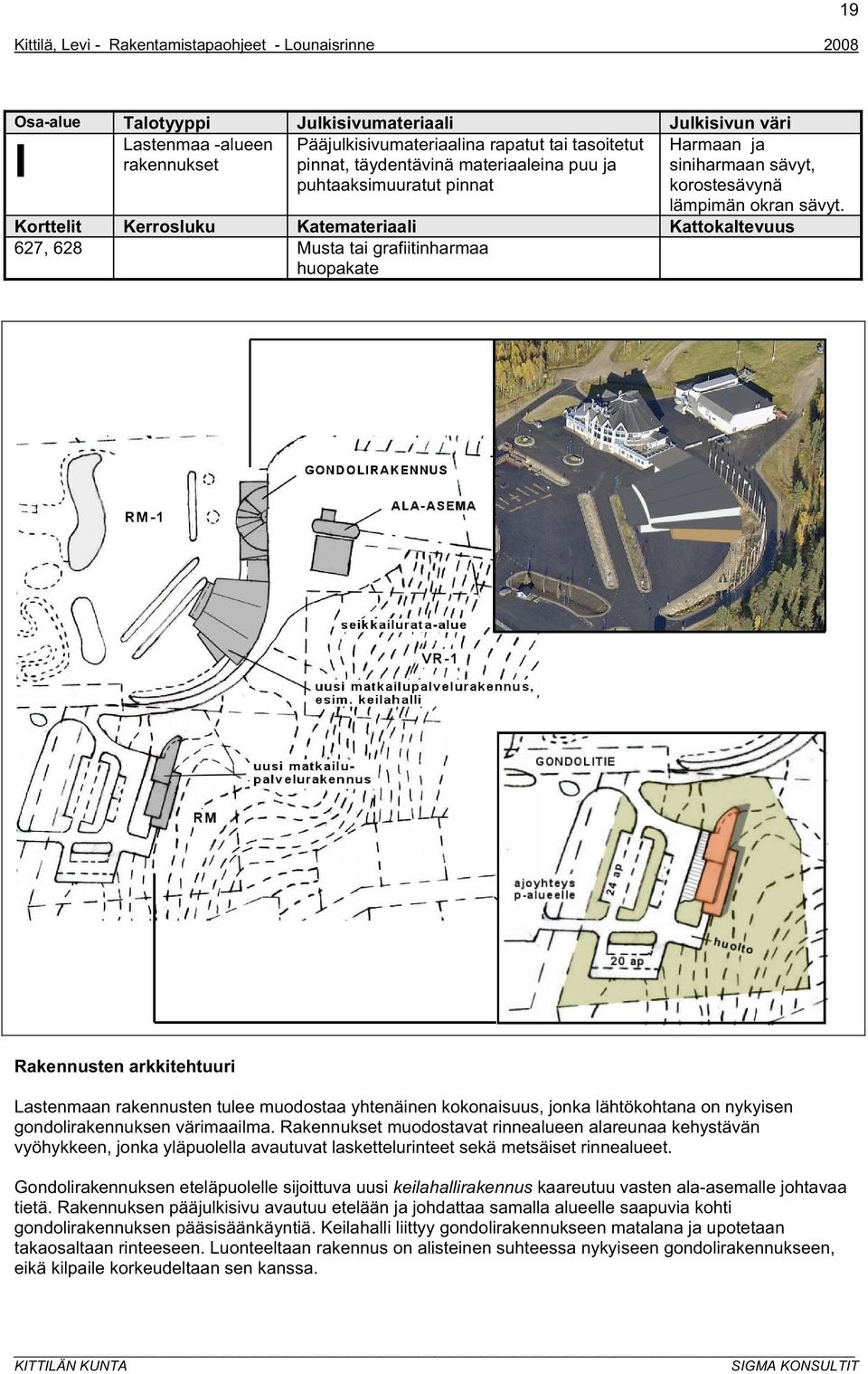 Korttelit Kerrosluku Katemateriaali Kattokaltevuus 627, 628 Musta tai grafiitinharmaa huopakate Rakennusten arkkitehtuuri Lastenmaan rakennusten tulee muodostaa yhtenäinen kokonaisuus, jonka