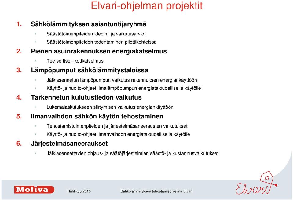 Lämpöpumput sähkölämmitystaloissa Jälkiasennetun lämpöpumpun vaikutus rakennuksen energiankäyttöön Käyttö- ja huolto-ohjeet ilmalämpöpumpun energiataloudelliselle käytölle 4.