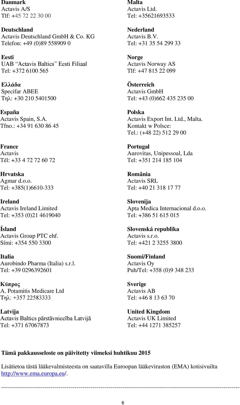 : +34 91 630 86 45 France Actavis Tél: +33 4 72 72 60 72 Hrvatska Agmar d.o.o. Tel: +385(1)6610-333 Ireland Actavis Ireland Limited Tel: +353 (0)21 4619040 Ísland Actavis Group PTC ehf.