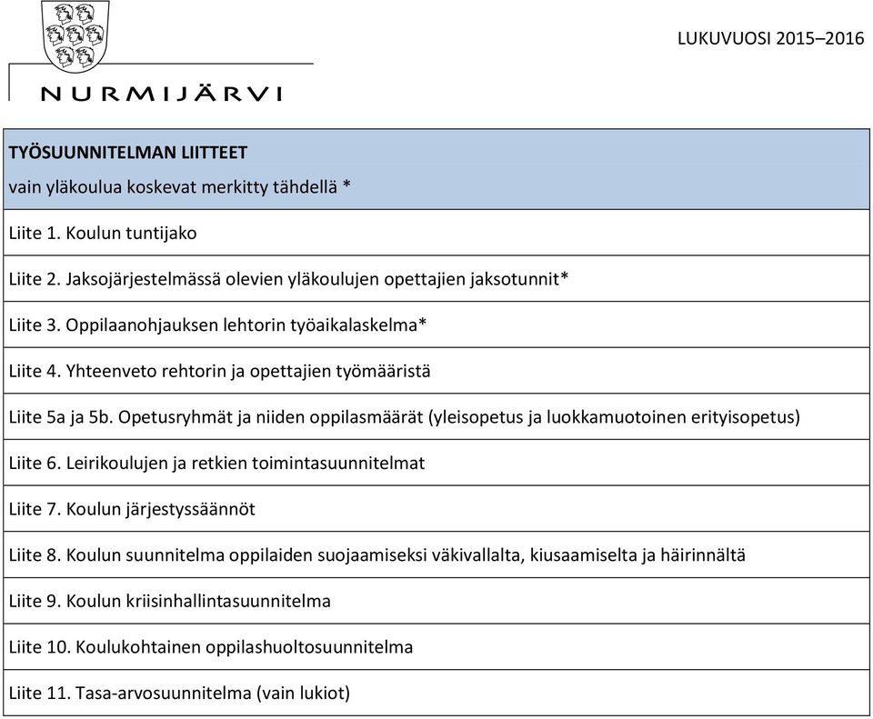 Yhteenveto rehtorin ja opettajien työmääristä Liite 5a ja 5b. Opetusryhmät ja niiden oppilasmäärät (yleisopetus ja luokkamuotoinen erityisopetus) Liite 6.