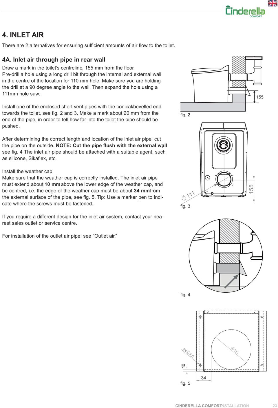 Pre-drill a hole using a long drill bit through the internal and external wall in the centre of the location for 110 mm hole. Make sure you are holding the drill at a 90 degree angle to the wall.