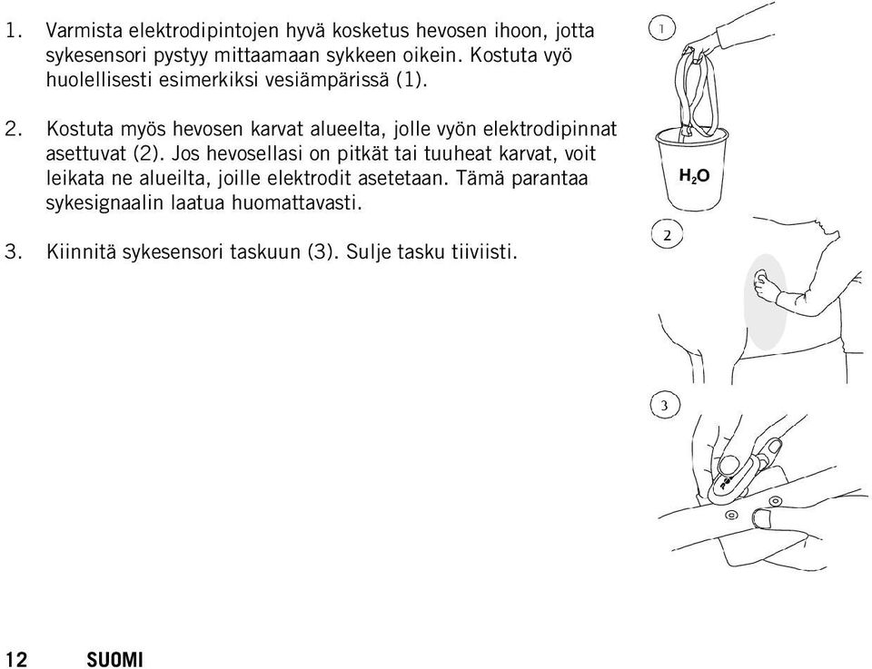 Kostuta myös hevosen karvat alueelta, jolle vyön elektrodipinnat asettuvat (2).